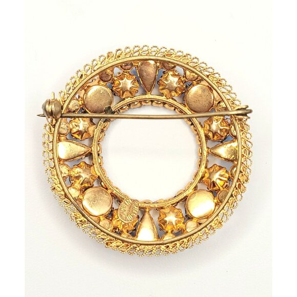 Austria Goldtone Blue Rhinestone Open Round Brooch Signed - Picture 6 of 8